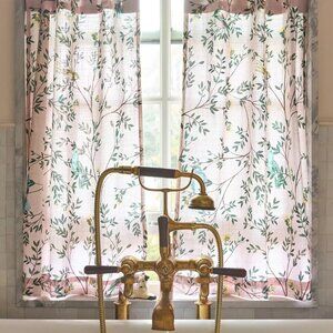 Anthropologie Priyanka Organic Pink Cotton Printed Bird Café Curtains, Set of 2